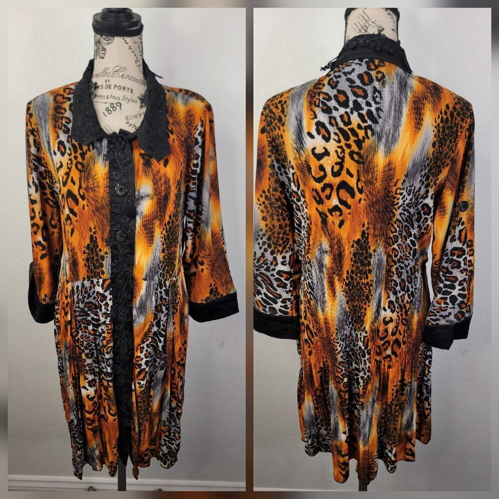 Pretty Angel Babydoll Midi Dress Sz L Silk Micro Pleats 3/4 Sleeves Animal Print